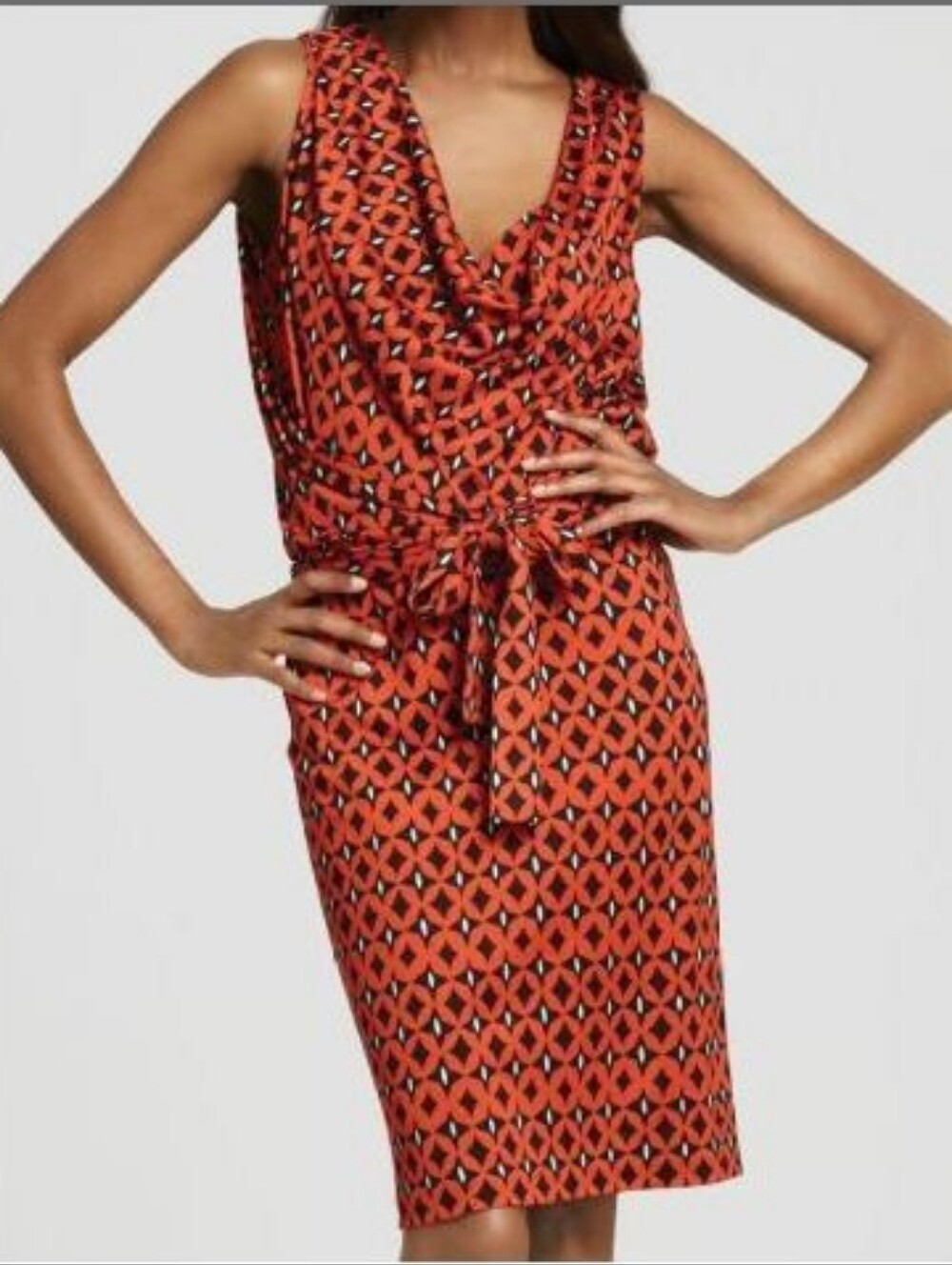 Diane Von Furstenberg 100% Silk Keesa Red Black Sleeveless Geometric Midi Dress